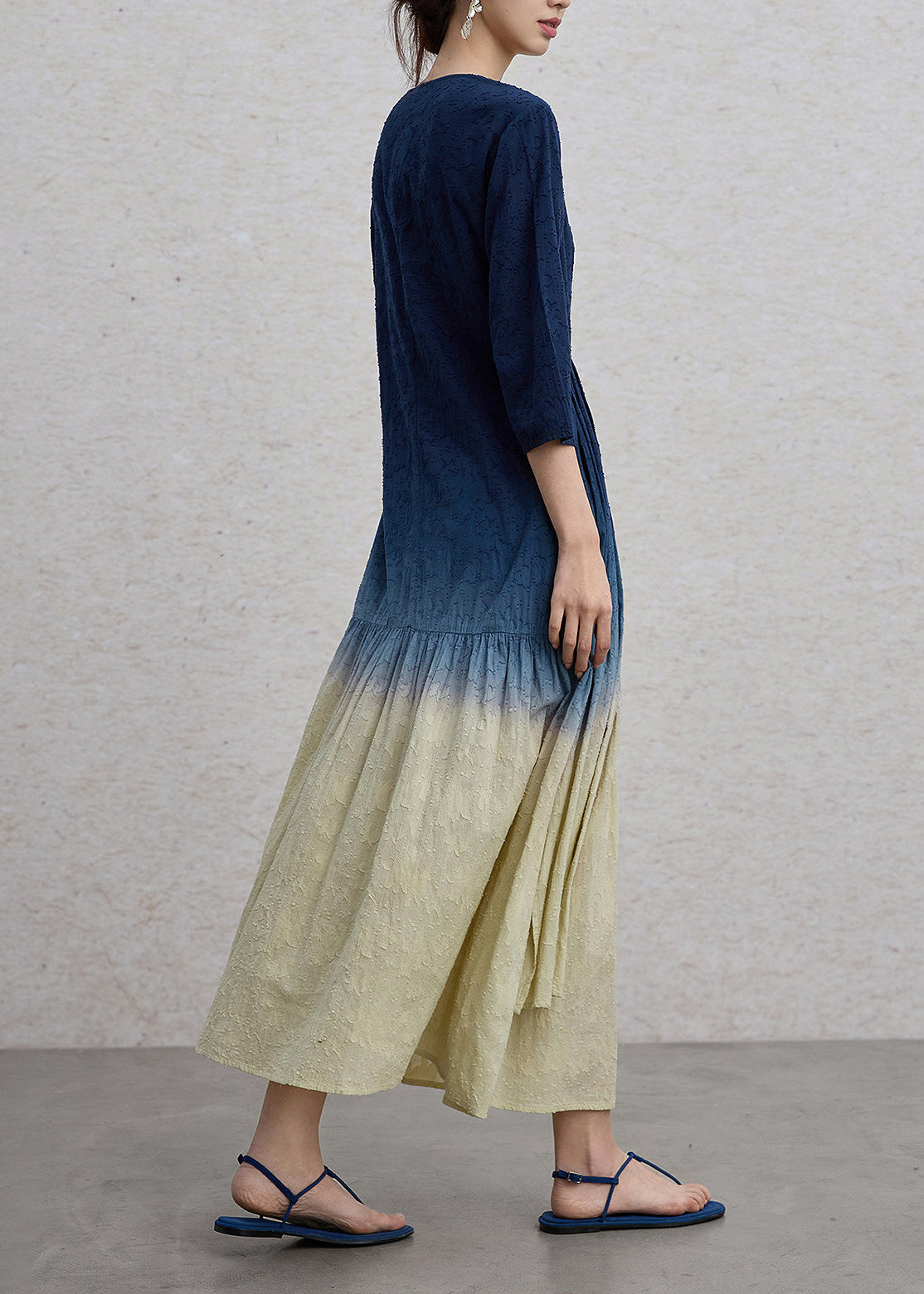 Vintage Gradient Blue Green Jacquard V Neck Cotton Long Dress Spring