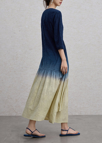 Vintage Gradient Blue Green Jacquard V Neck Cotton Long Dress Spring