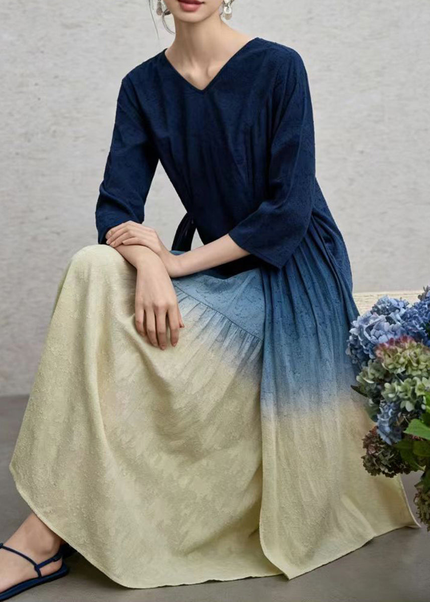 Vintage Gradient Blue Green Jacquard V Neck Cotton Long Dress Spring