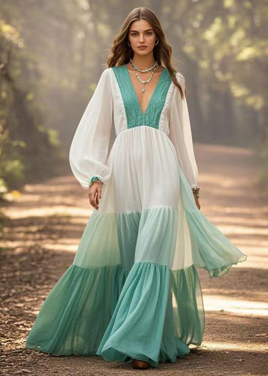 Vintage Gradient Color Exra Large Hem Cotton Long Dresses Spring