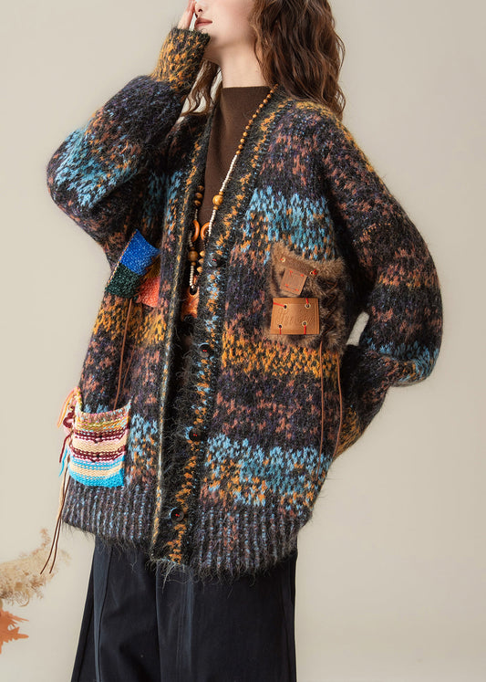 Vintage Gradient Color V Neck Button Patchwork Knit Coat Spring