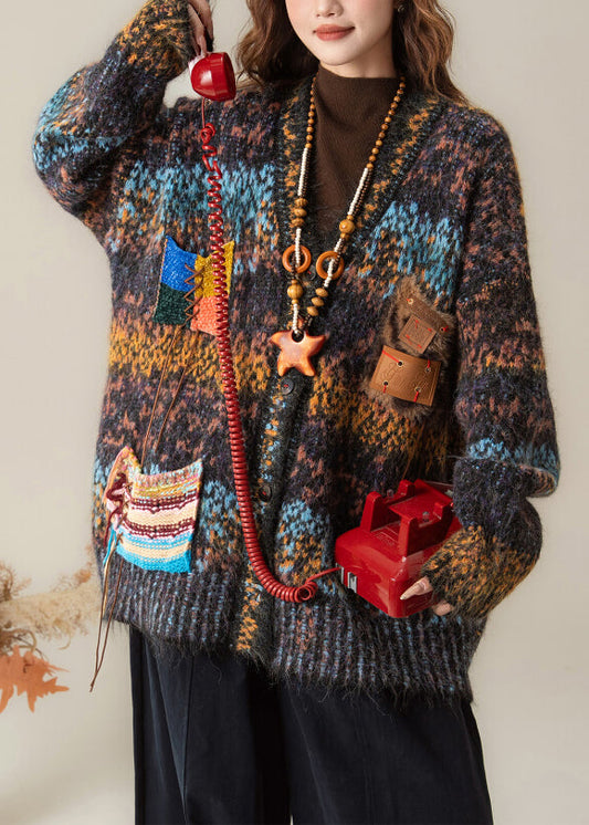 Vintage Gradient Color V Neck Button Patchwork Knit Coat Spring