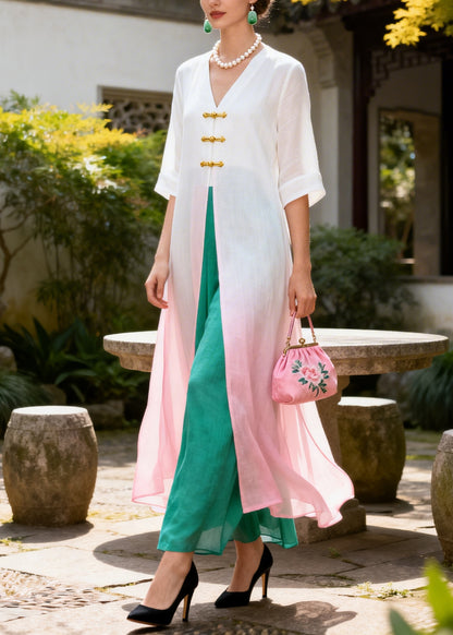 Vintage Gradient Pink Chinese Button Cotton Two Piece Set Summer