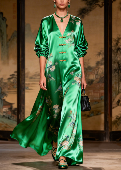 Vintage Grass Green Print Chinese Button Draping Silk Dress Long Sleeve