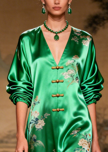 Vintage Grass Green Print Chinese Button Draping Silk Dress Long Sleeve
