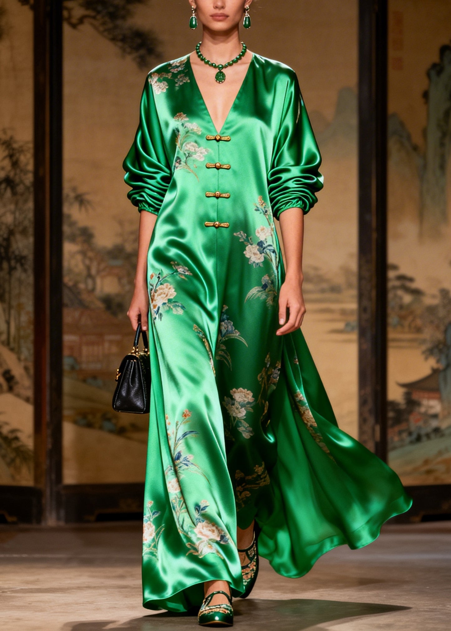 Vintage Grass Green Print Chinese Button Draping Silk Dress Long Sleeve