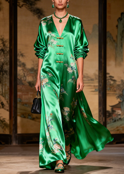 Vintage Grass Green Print Chinese Button Draping Silk Dress Long Sleeve