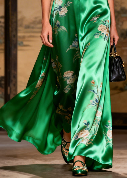 Vintage Grass Green Print Chinese Button Draping Silk Dress Long Sleeve