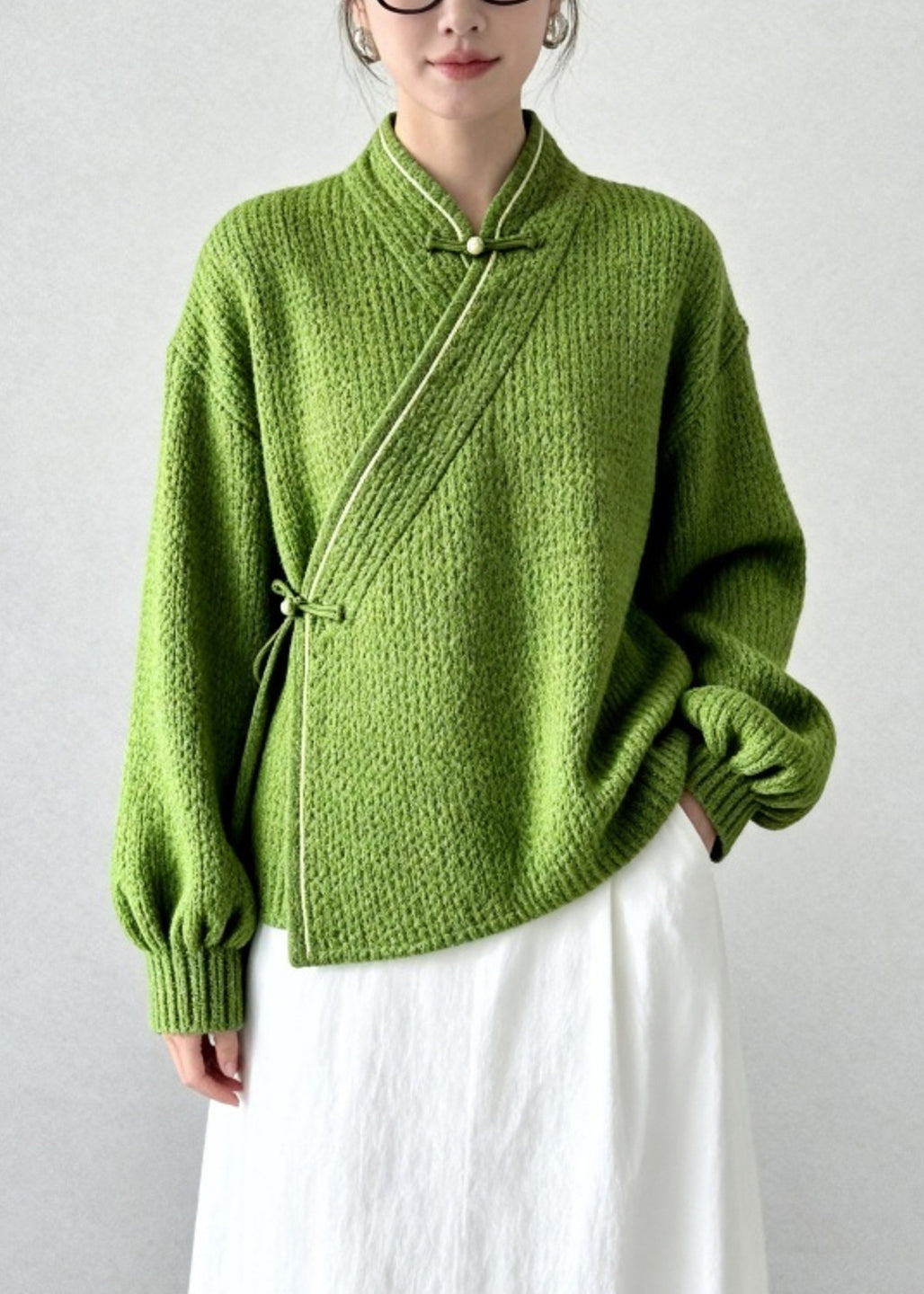 Vintage Grass Green Thick Knit Oriental Sweater Tops Winter