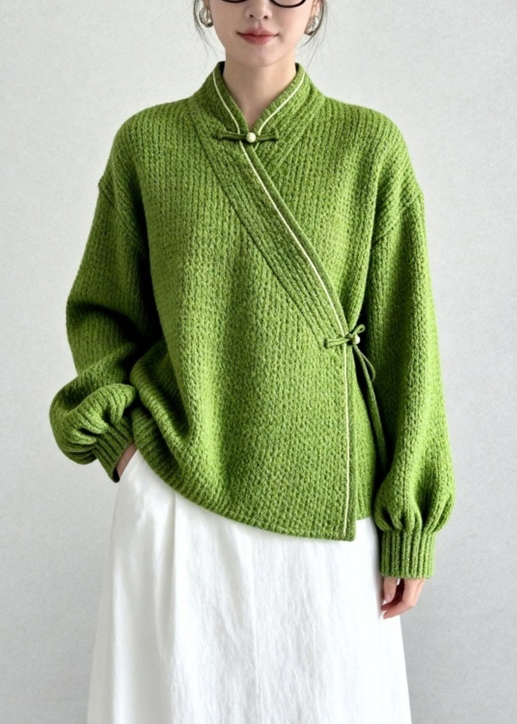 Vintage Grass Green Thick Knit Oriental Sweater Tops Winter