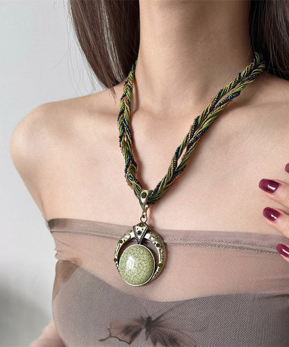 Vintage Green Acrylic Alloy Weave Beading Pendant Necklace