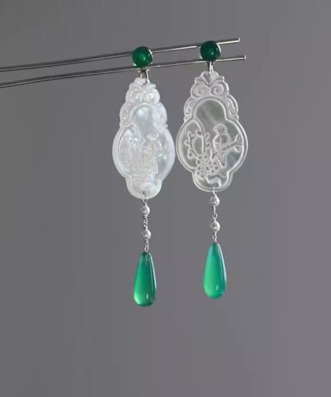 Vintage Green Copper Jade Flowers And Birds Water Droplet Drop Earrings