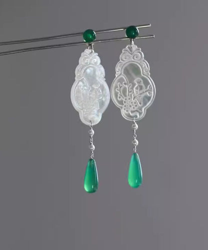 Vintage Green Copper Jade Flowers And Birds Water Droplet Drop Earrings