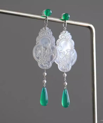 Vintage Green Copper Jade Flowers And Birds Water Droplet Drop Earrings