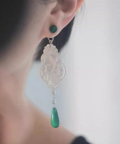 Vintage Green Copper Jade Flowers And Birds Water Droplet Drop Earrings