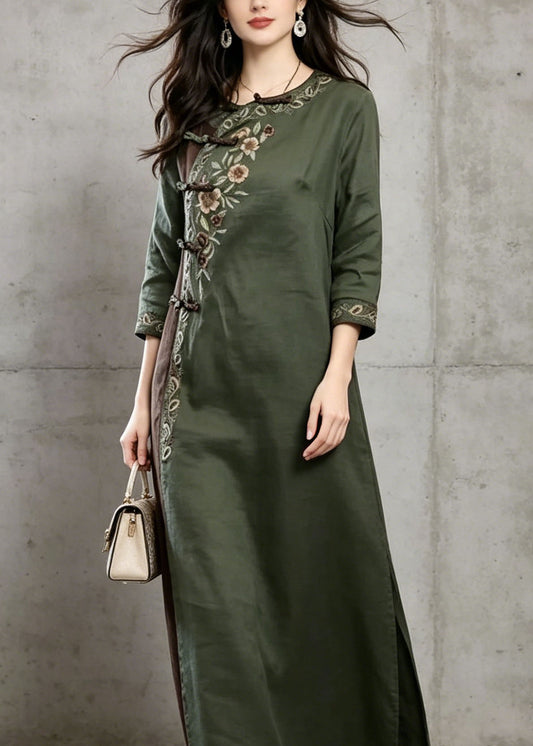 Vintage Green Embroidered Chinese Button Cotton Dress Summer