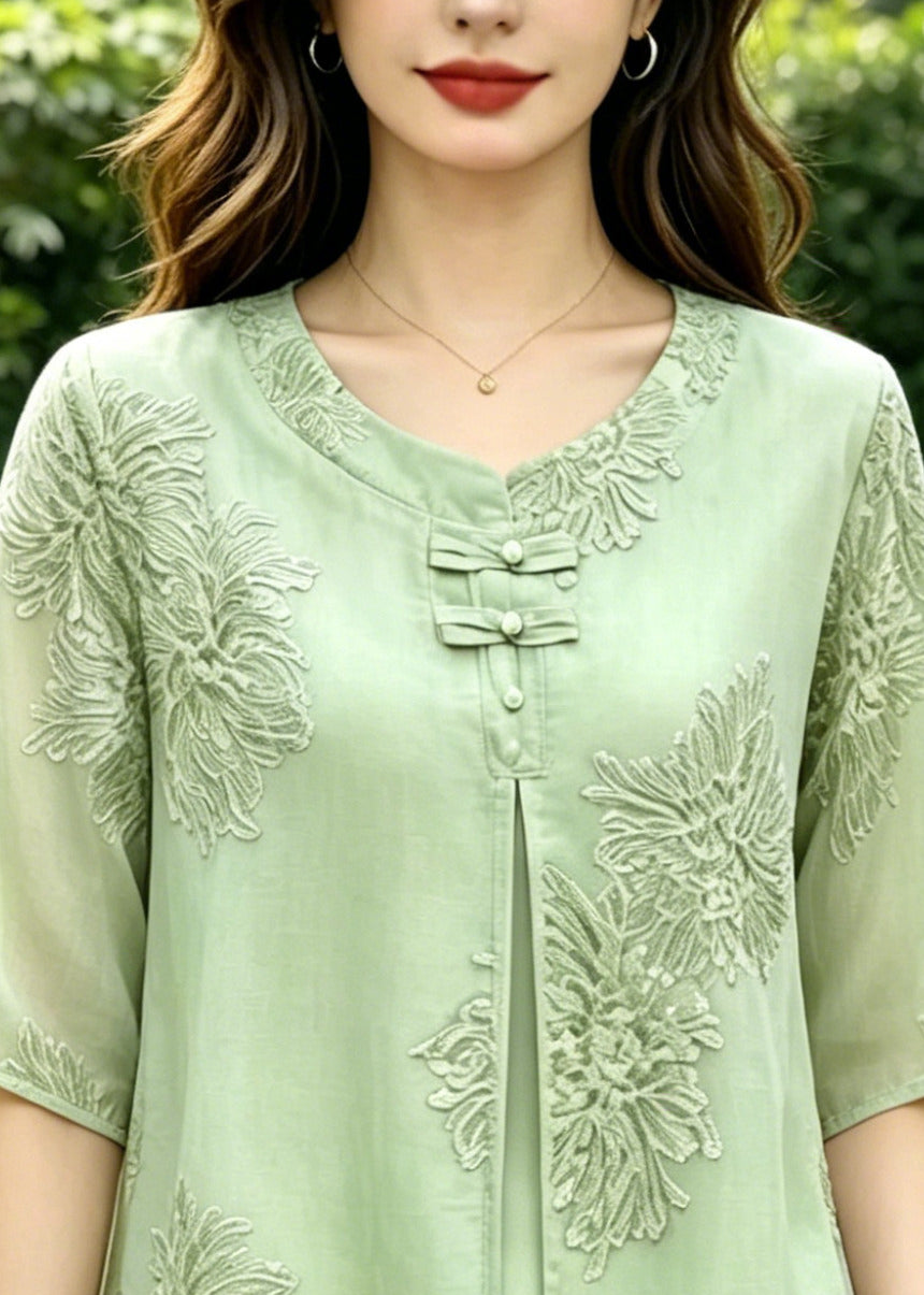 Vintage Green Embroidered Silk Fake Two Piece Shirts Summer