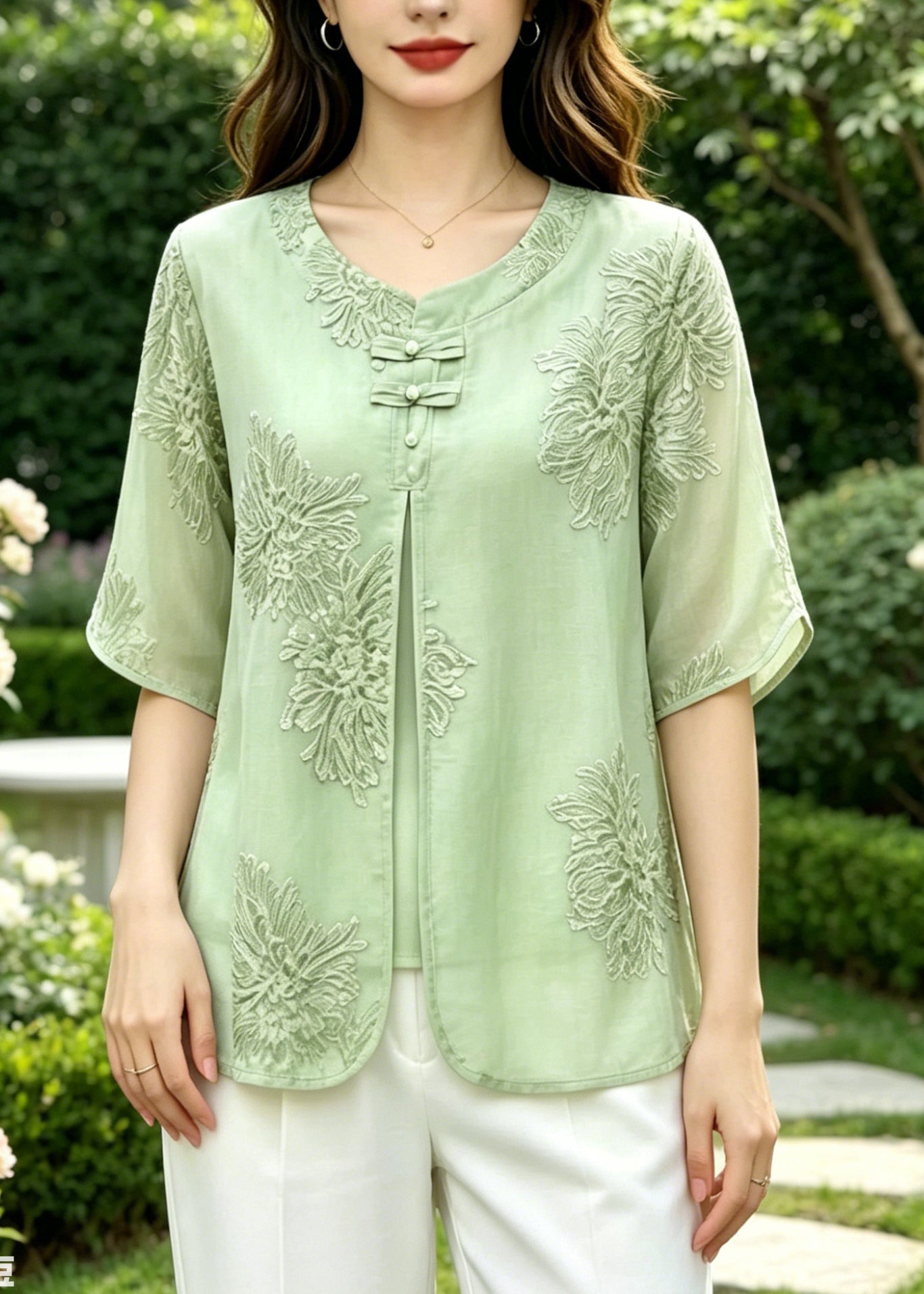 Vintage Green Embroidered Silk Fake Two Piece Shirts Summer