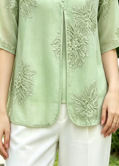Vintage Green Embroidered Silk Fake Two Piece Shirts Summer