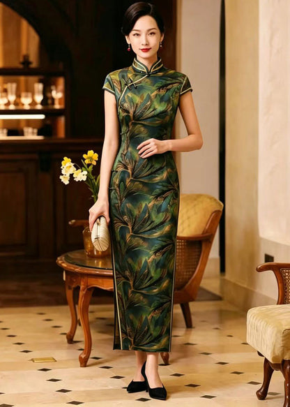 Vintage Green Gold Leaves Mandarin Collar Chinese Buttons Side Open Dress Summer