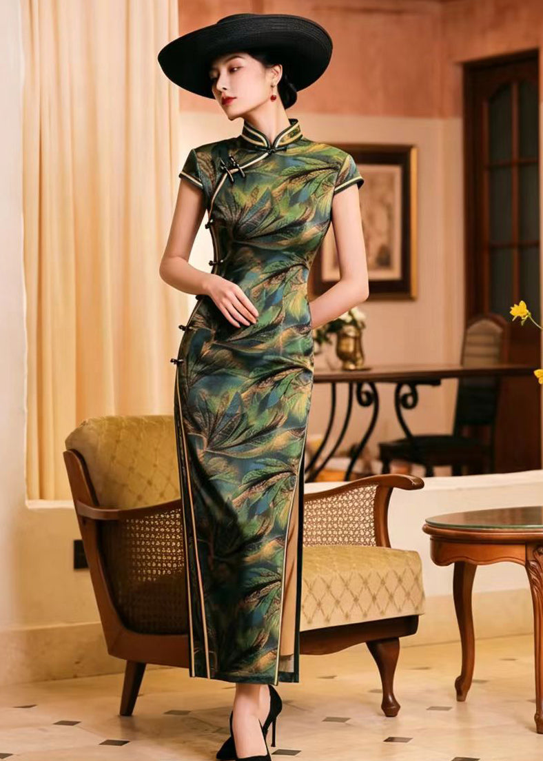 Vintage Green Gold Leaves Mandarin Collar Chinese Buttons Side Open Dress Summer