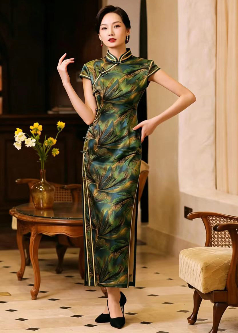 Vintage Green Gold Leaves Mandarin Collar Chinese Buttons Side Open Dress Summer