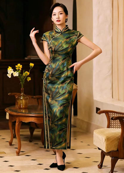 Vintage Green Gold Leaves Mandarin Collar Chinese Buttons Side Open Dress Summer