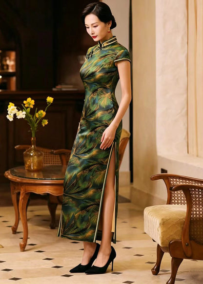 Vintage Green Gold Leaves Mandarin Collar Chinese Buttons Side Open Dress Summer