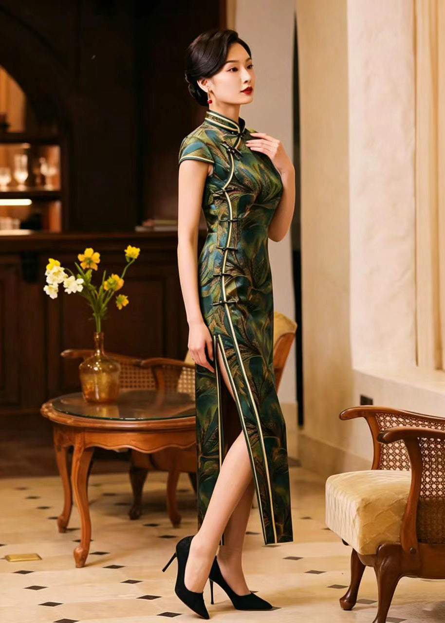Vintage Green Gold Leaves Mandarin Collar Chinese Buttons Side Open Dress Summer