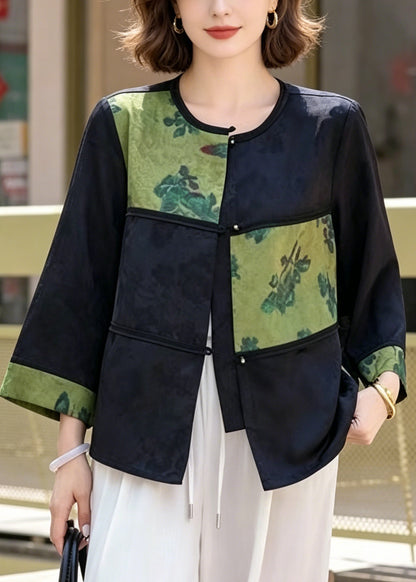 Vintage Green Jacquard Patchwork Silk Oriental Coats Bracelet Sleeve