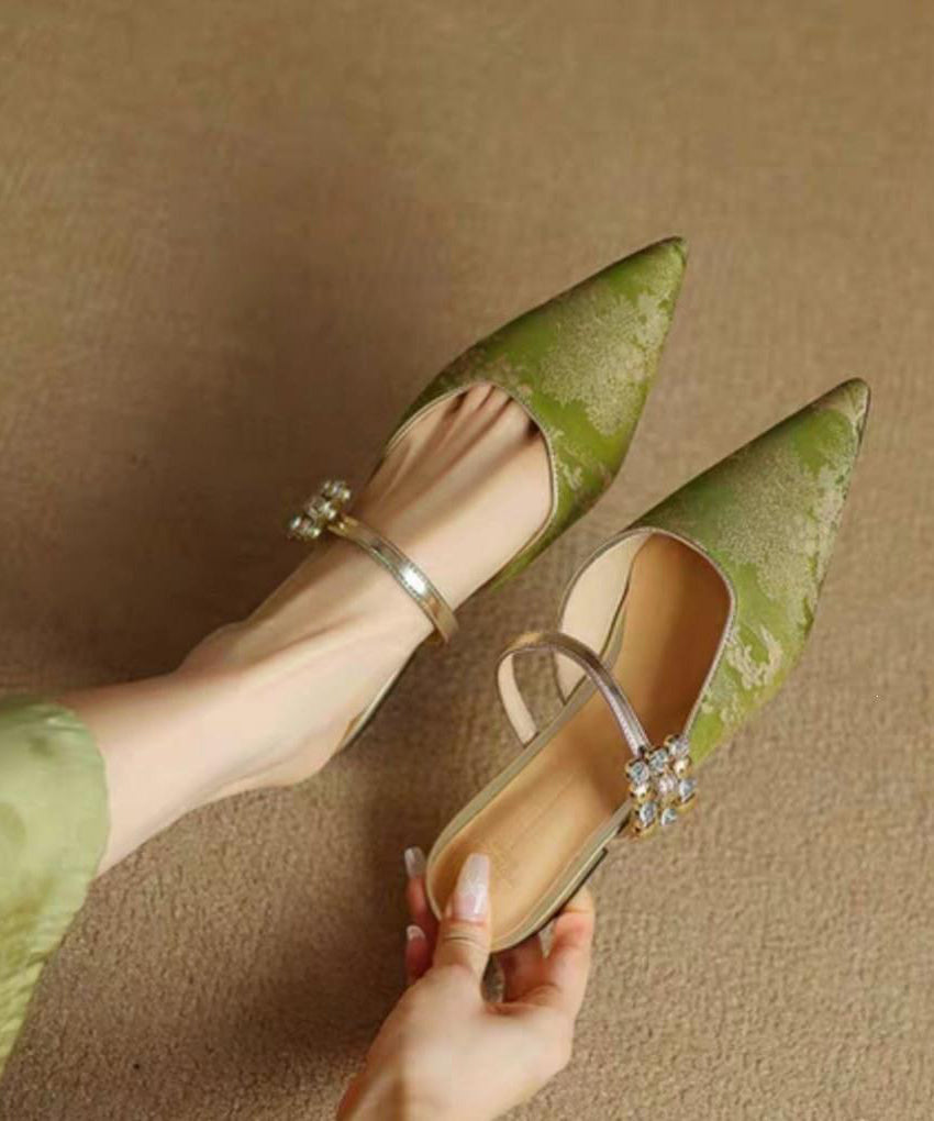 Vintage Green Jacquard Rhinestone Buckle Strap Pointed Toe Flats Backless Slippers