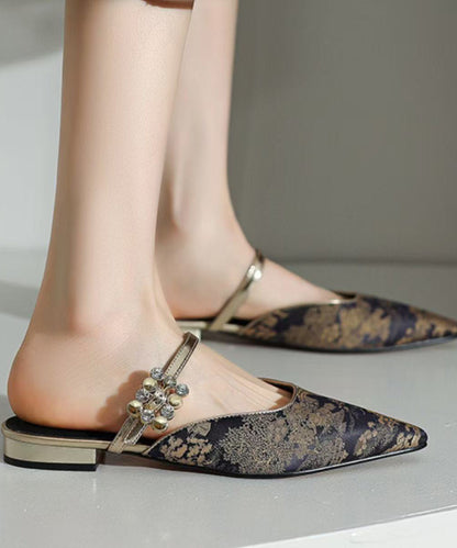 Vintage Green Jacquard Rhinestone Buckle Strap Pointed Toe Flats Backless Slippers