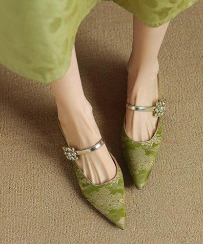 Vintage Green Jacquard Rhinestone Buckle Strap Pointed Toe Flats Backless Slippers
