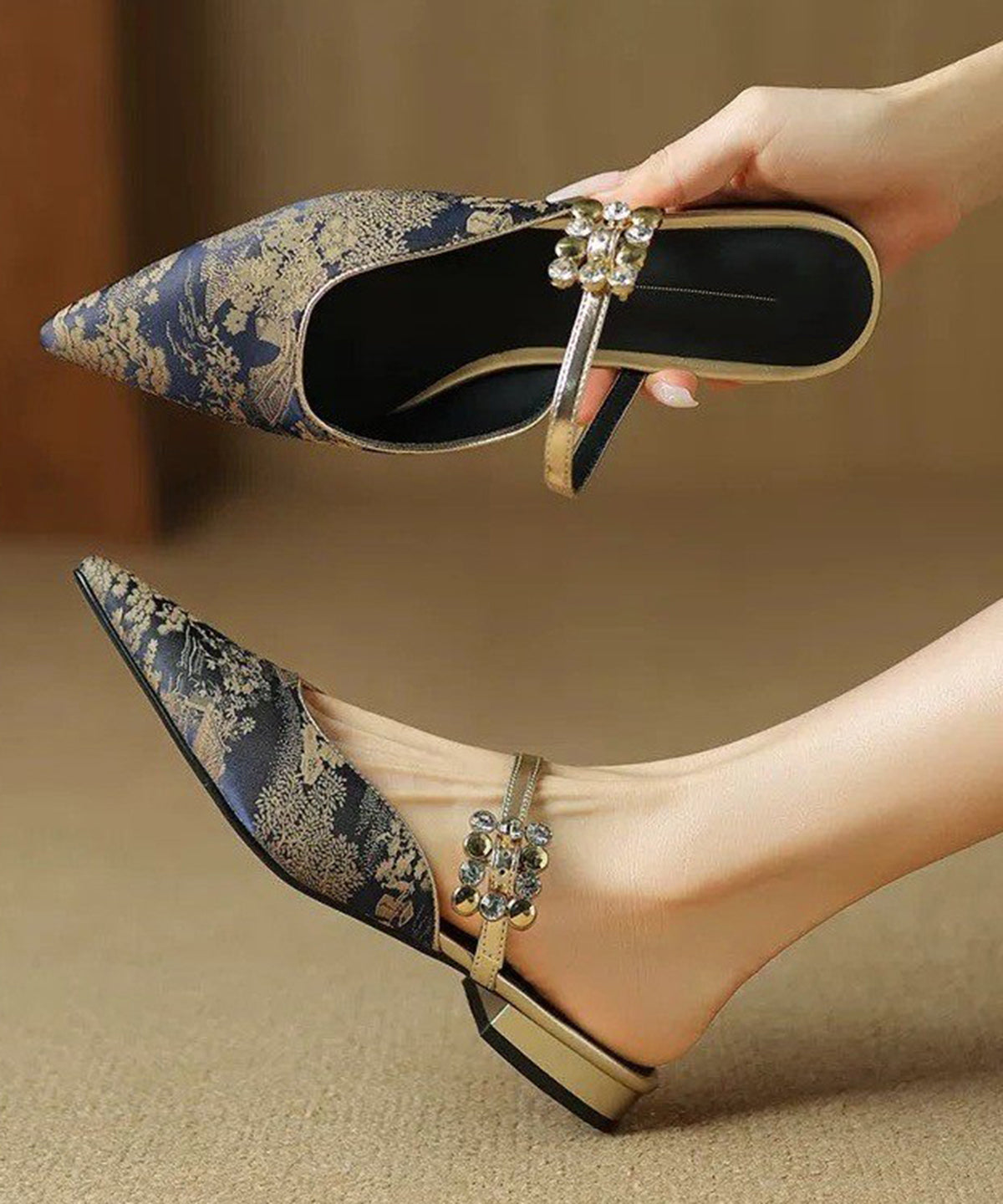 Vintage Green Jacquard Rhinestone Buckle Strap Pointed Toe Flats Backless Slippers