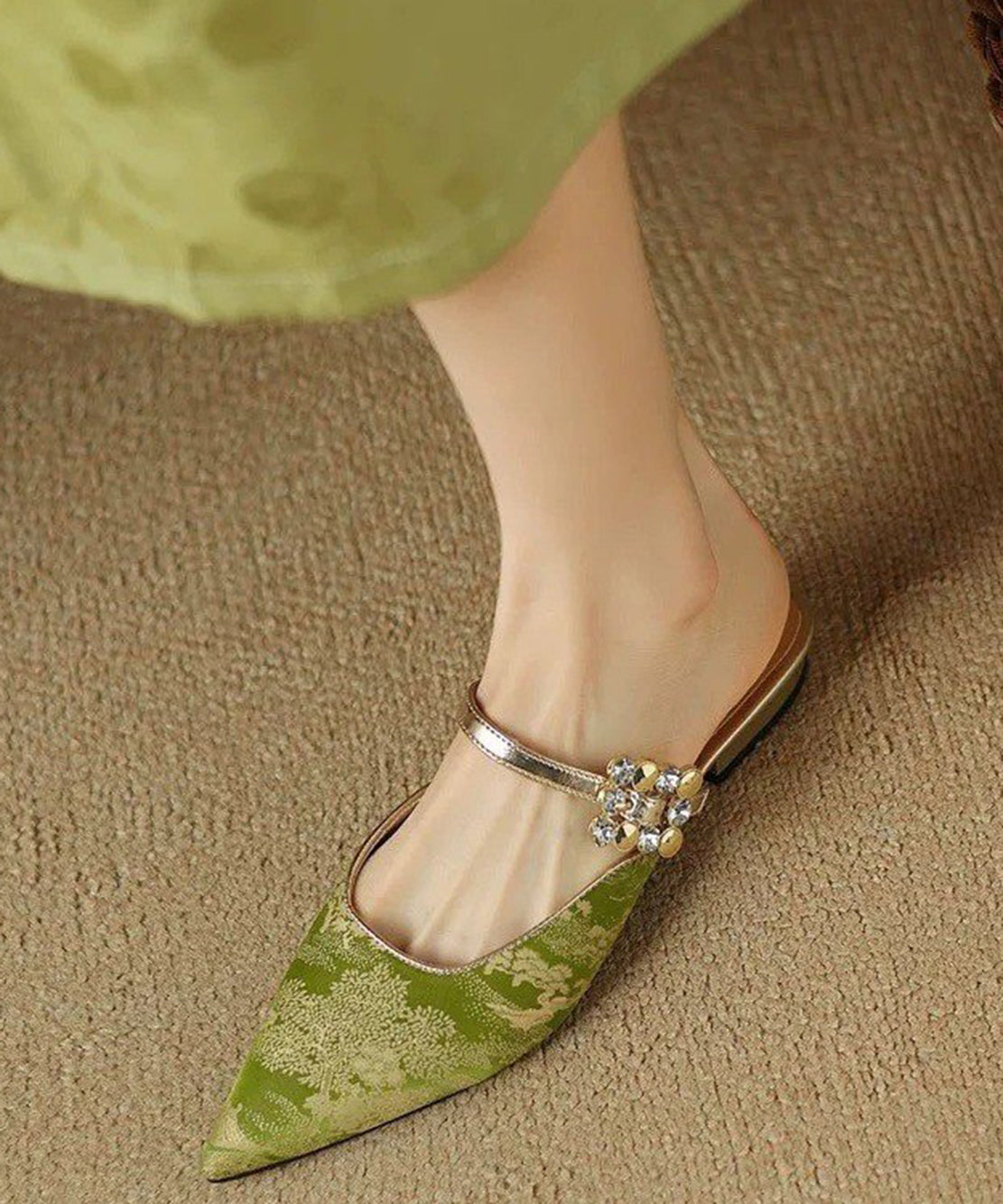 Vintage Green Jacquard Rhinestone Buckle Strap Pointed Toe Flats Backless Slippers