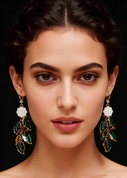 Vintage Green Leaf Gilding Drop Earrings