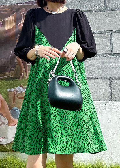 Vintage Green Leopard False Two Pieces Shift Dresses - SooLinen