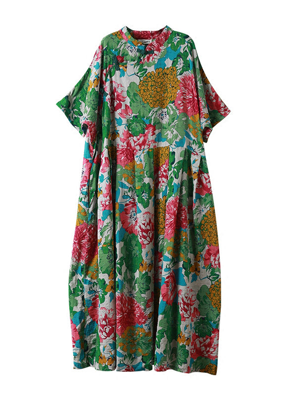 Vintage Green Mandarin Collar Cinched Print Maxi Dress Half Sleeve