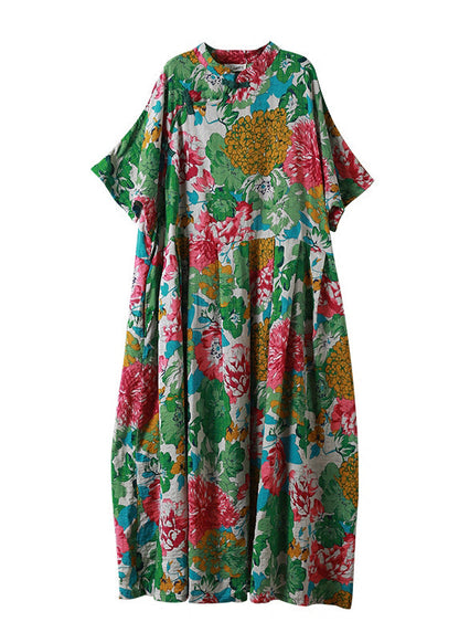 Vintage Green Mandarin Collar Cinched Print Maxi Dress Half Sleeve