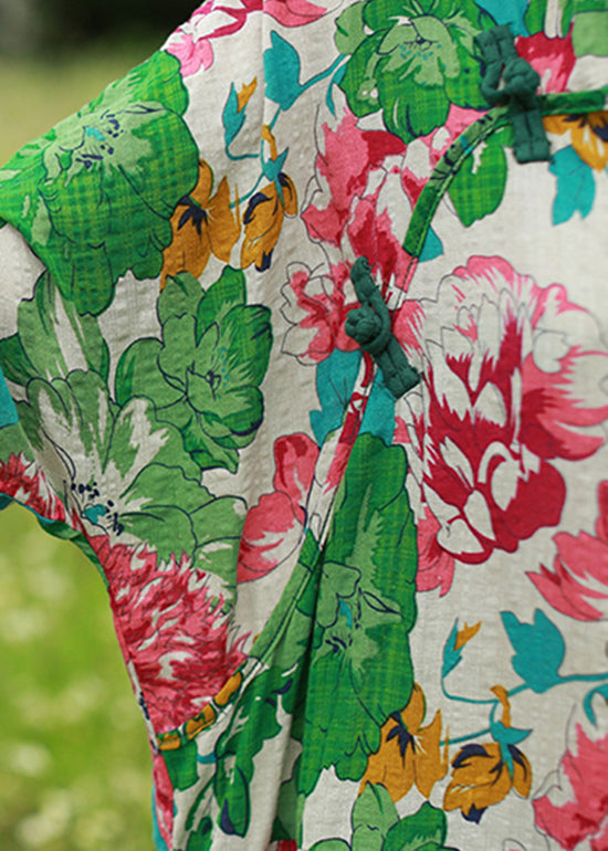 Vintage Green Mandarin Collar Cinched Print Maxi Dress Half Sleeve