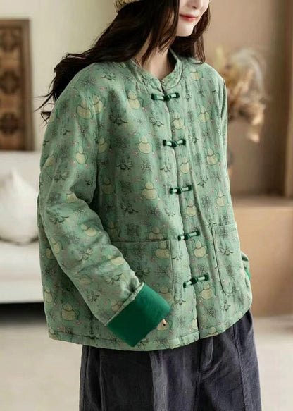 Vintage Green Mandarin Collar Print Frog Button Pockets Cotton Filled Jackets Winter