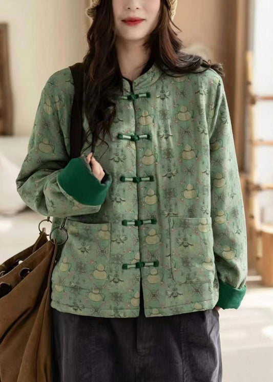 Vintage Green Mandarin Collar Print Frog Button Pockets Cotton Filled Jackets Winter