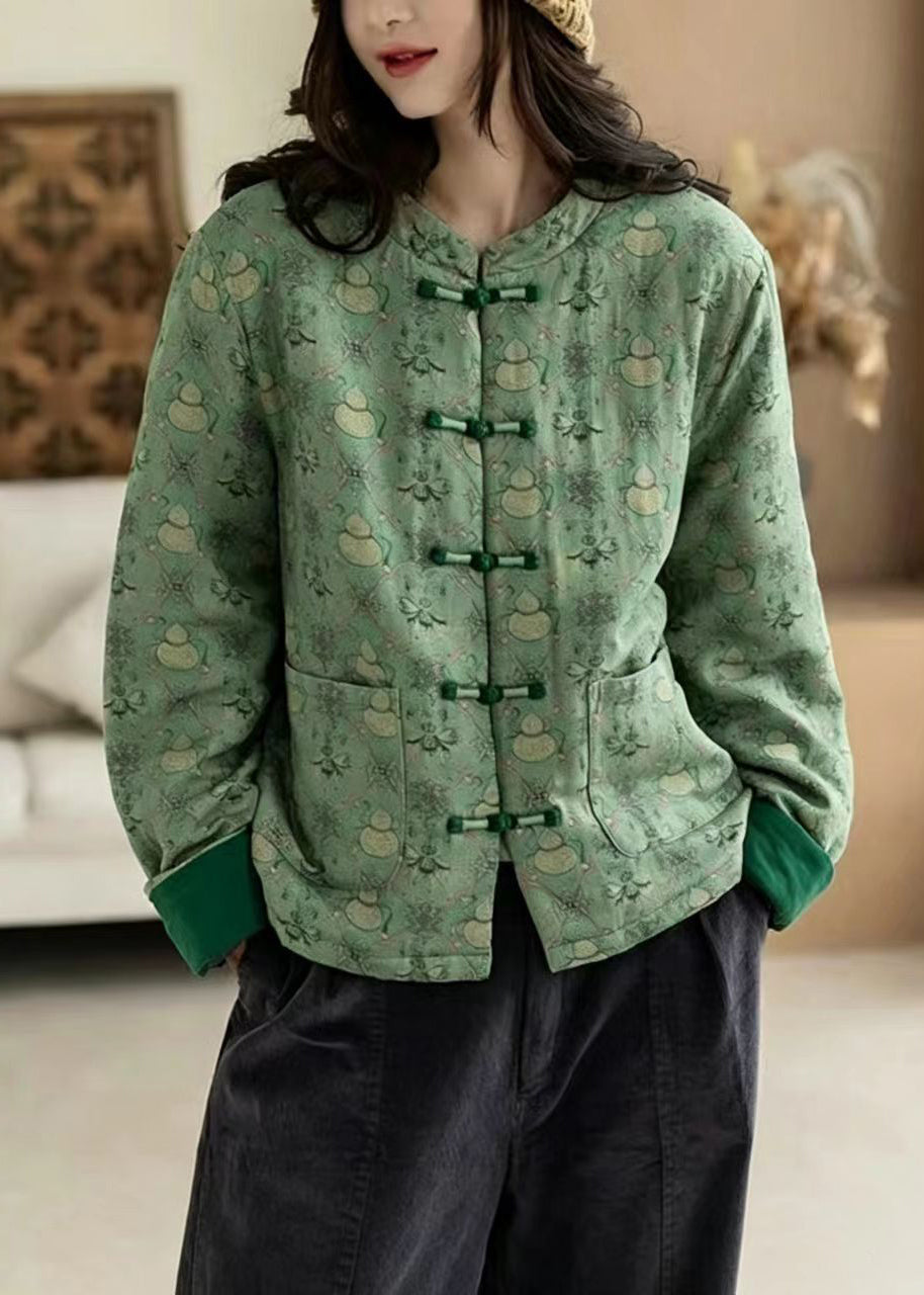 Vintage Green Mandarin Collar Print Frog Button Pockets Cotton Filled Jackets Winter