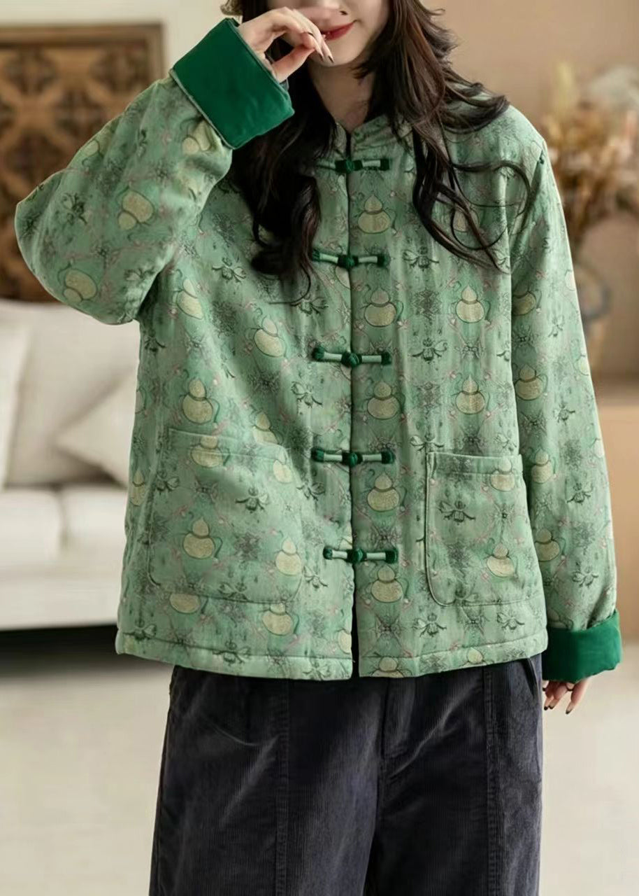 Vintage Green Mandarin Collar Print Frog Button Pockets Cotton Filled Jackets Winter