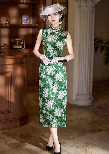 Vintage Green Mandarin Collar Side Open Dress Fall