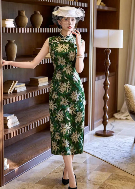 Vintage Green Mandarin Collar Side Open Dress Fall