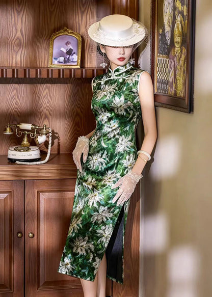 Vintage Green Mandarin Collar Side Open Dress Fall