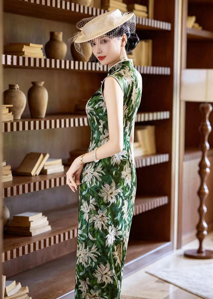 Vintage Green Mandarin Collar Side Open Dress Fall