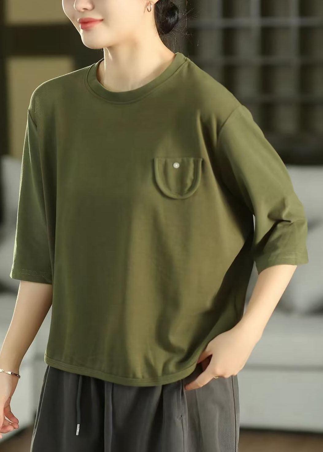 Vintage Green O-Neck Cotton Tops Half Sleeve