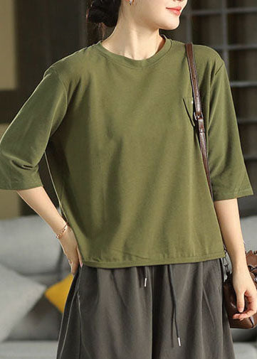 Vintage Green O-Neck Cotton Tops Half Sleeve